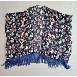 Soul Young Navy Blue Floral Fringed Shawl Cover Up Duster Bohemian Rocker EUC